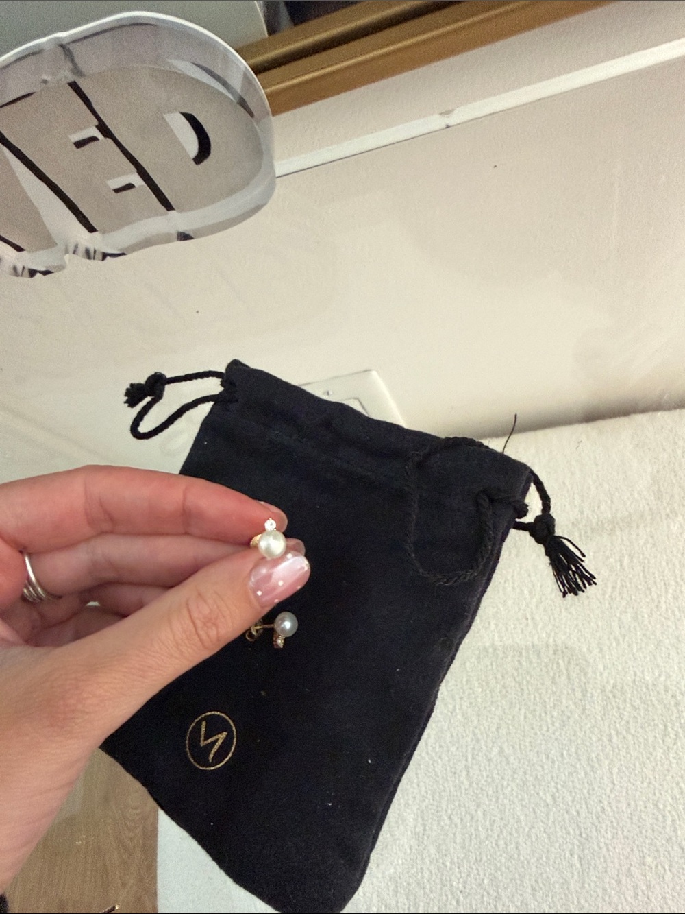 Mejuri Gold Tone Faux Pearl Stud Earrings with Black Drawstring Pouch - Picture 2 of 3